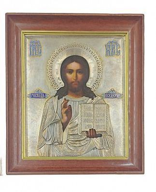 (П) Галкин С. - Икона Господь Вседержитель в киоте. Конец XIX - Начало ХХ вв. Серебро 84 пробы, ...