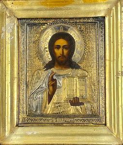 (П) Икона "Спас Вседержитель" в серебряном окладе. Кон. XIX - нач. XX в. Серебро (проба 84) 17 ...