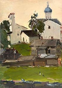(П) Семёнов Арсений Никифорович (1911 — 1992) - Псков. Собор с колколней. 1958 г. Картон, масло ...