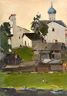 (П) Семёнов Арсений Никифорович (1911 — 1992) - Псков. Собор с колколней. 1958 г. Картон, масло ...