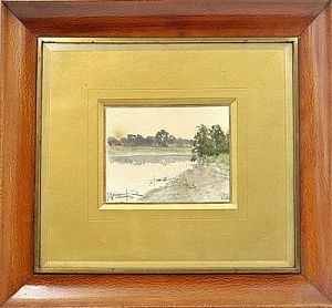 (П) Крыжицкий Константин Яковлевич (1858-1911) - Этюд у озера. 1901 г. Бумага, акварель. 8,5 х ...
