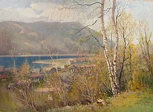 (П) Кранц Владимир Павлович (1913–2003) - У реки Ангары. 1986 г. Картон, масло. 50 х 70 см ...