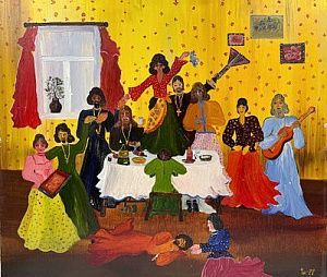 (П) Тихомирова Ирина Алексеевна (г. р. 1956) - Вечеринка. 1977 г. Оргалит, масло. 61 х 69 см