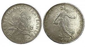 (П) 2 франка 1916 г. Франция III Республика, XF+
