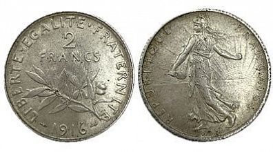 (П) 2 франка 1916 г. Франция III Республика, XF+