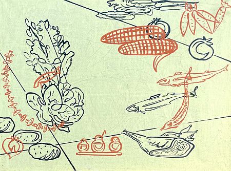 [Из частной коллекции N] Неизвестный художник Оформление столовой санатория "Заря", города Сочи. Кукуруза и рыба. 1963 г.