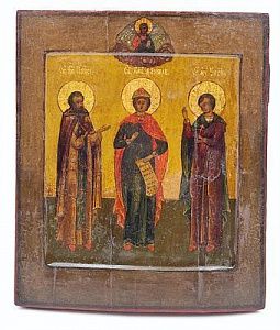 (П) Икона. Св. Даниил, Св. Паиссий, Св. мученик Уар. Мстера, XIX в. Дерево, левкас, темпера. 31 ...