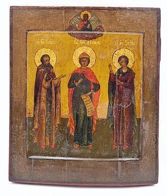 (П) Икона. Св. Даниил, Св. Паиссий, Св. мученик Уар. Мстера, XIX в. Дерево, левкас, темпера. 31 ...