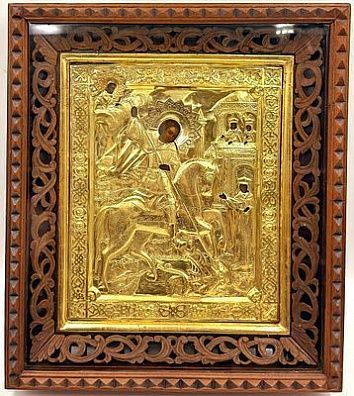 (П) Икона «Георгий Победоносец», серебро, 84 проба. середина XIX в. Дерево, левкас, серебряный ...