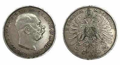(П) 2 кроны 1913 г. Австро Венгрия Франциск I, XF+