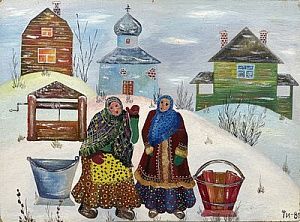 (П) Тихомирова Ирина Алексеевна (г. р. 1956) - У колодца. 1980 г. Оргалит, масло. 39 х 53 см
