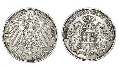 (П) 3 марки 1909 г., Германия, Гамбург. XF