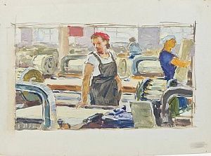 (П) Пушнин Александр Тихонович (1921 - 1991) - Этюд с работницей цеха 1960 г. Картон, масло 35 ...