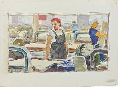 (П) Пушнин Александр Тихонович (1921 - 1991) - Этюд с работницей цеха 1960 г. Картон, масло 35 ...