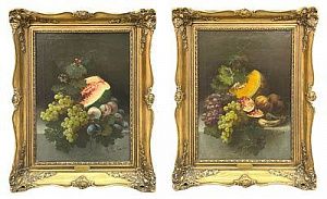 (П) Кассеси Габриело Бартоломео (Gabrielo Bartolomeo Casessi) (1840-1900) Парный натюрморт с арбузом и дыней, 1890-е гг.