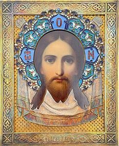 (П)* Икона в окладе Спас нерукотворный. 1900-е. Серебро 84 пр. Клейма И.А.А. Алексеев Иван ...