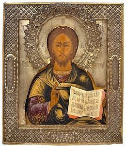 (П) Икона Спас Вседержитель в серебряном окладе и киоте. 1893 г. 27 х 31 см Серебро, чеканка, ...