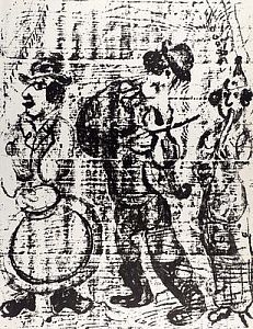 (П) Шагал Марк Захарович (Хацкелевич) (1887–1985) - Бродячие музыканты. 1963 г. Бумага, цветная ...