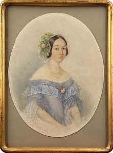 (П)* Стрелковский Алексей Иванович (1819 - 1904) - Портрет дамы в голубом. 1848 г. Бумага, ...