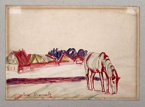 [Мир Искусства] Денисов Василий Иванович (1862 - 1921) - Лошадь на пастбище. Бумага, акварель ...