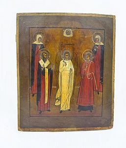 (П) Икона с изображением святых. Пелагея, Анна, Стефан, Капитон, Ангел хранитель. XIX в. ...