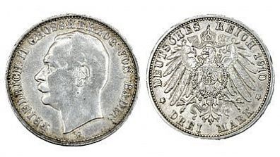 (П) 3 марки 1910 г., Германия, Баден, Фридрих II. XF