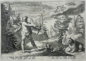 Гольциус Генрих - Goltzius Hendrick (1558-1617) Миф о Каллисто, лист 4 -5: Аркас, сын Каллисто, стреляет в медведицу, в которую была превращена его мать. По рисунку Хендрика Гольциуса (1590) из серии Метаморфозы Овидия, л. 29 (л. 9 второй папки)Автор ориг