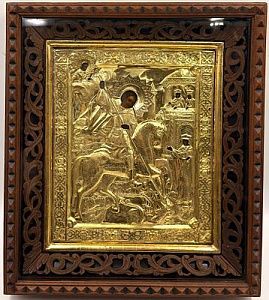 (П) Икона «Георгий Победоносец», серебро, 84 проба. середина XIX в. Дерево, левкас, серебряный ...