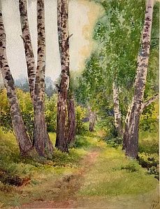(П)* [Приписывается] Маковский Николай Егорович (1841 - 1886) - Березовая аллея. ХIХ в. Бумага, ...
