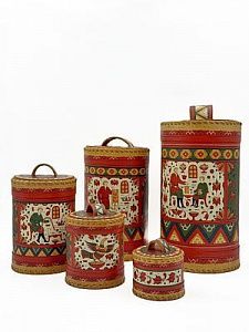 (П) Туеса "Старый мастер", Пермогорская роспись. 2008 г. 5 шт. Береста, лак. В - 33 см, Д - 18 см
