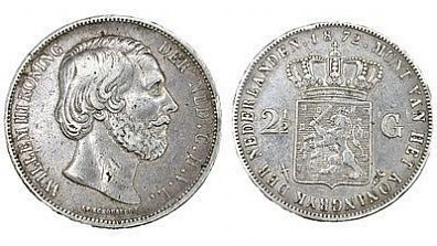 (П) 2 ½ гульдена 1872 г. Нидерланды, король Виллем III. VF+, следы обращения