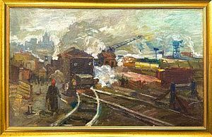 (М) Мешков Василий Васильевич (1893-1963) - Москва сортировочная. 1950-е гг. Холст, масло. 51,4 ...