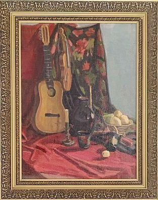 (П) Неизвестный художник - Натюрморт с гитарой 1949 г. Картон, масло 41 х 46 см Подпись и ...