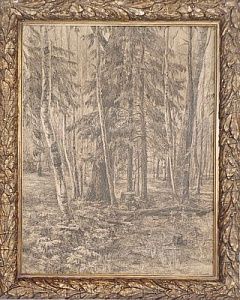 (П) [Приписывается] Шишкин Иван Иванович (1832 - 1898) - Лесной пейзаж. ХХ в. Картон, ручка 55 ...