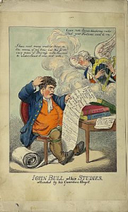 Неизвестный гравер [Карикатуры на английскую политику начала XIX века] Две карикатуры на одном листе: "John Bull teased by an ear-wig!" на обороте: "John Bull at his studies attended by his Guardian Angell"