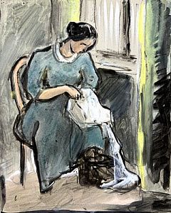 (П) Бенуа (Устинова) Надежда Леонтьевна (1895-1975) - Девушка за шитьем. Бумага, гуашь, ...