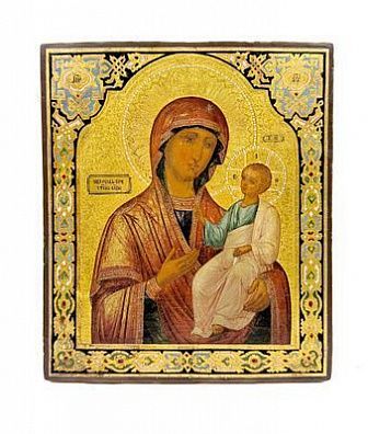 (П) Икона "Иверская Божья Матерь". XVIII - XIX вв. Доска, темпера, золочение. 31 х 26,5 см