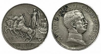 (П) 1 лира 1915 г. Италия Виктор Эммануил III, XF