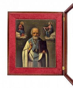 Центральная Россия, Саранский уезд (?) Икона «Святитель Николай Чудотворец» (Икона Николая II) 1880 —начало 1890-х гг. · Дерево, грунт, масло · 27,4 ×23,2 ×2,1 см Экспертное заключение: НИНЭ им. П.М. Третьякова