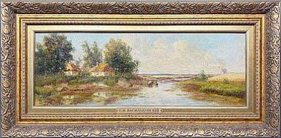 (М) Васильковский Сергей Иванович (1854-1917) - Хатки у речки. 1890-е гг. Картон, масло. 18,7 х ...