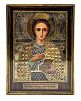 (П) Икона. Святой Пантелеймон целитель. Морской киот. Предположительно ранняя икона мастера Кузьмы Конова нач. XX в. серебро 84 проба, дерево, левкас, 29 х 21,5 см