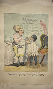 Уильям Холланд (1757–1815) издатель [Бонапарт бреется в Англии] Карикатура "Bonaparte getting a shaving in England"