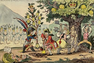 Уильям Холланд (1745 - 1818) издатель 
Карикатура "The new dynasty: - the little Corsican Gardiner, planting a Royal Puppin Tree...". 1807 г.