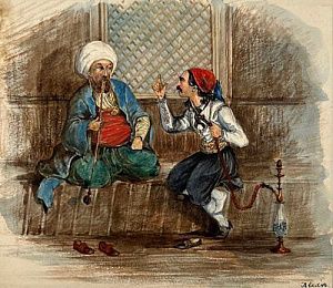 (П) Неизвестный художник - Курители кальяна. Бумага, графитный карандаш, акварель. 17,5 х 15,5 ...