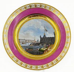(П) Тарелка "Вид Крепости. Санкт-Петербург." [предположительно] ИФЗ, 1830-40-е гг. Фарфор, ...