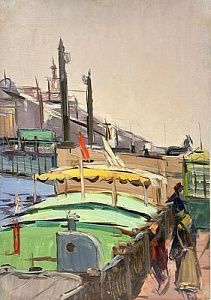 (П) Семёнов Арсений Никифорович (1911 — 1992) - На фонтанке. 1958 г. Картон масло 49,5 х 35 см ...