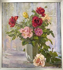 (П) Уханова Анастасия Васильевна (1885 - 1973) - Натюрморт с цветами роз. 1961 г. Холст, масло. ...