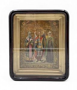 (П) Икона Архангел Михаил, Св. Николай и Божья Матерь. Доска, темпера. Киот - 29 х 25 см Доска ...