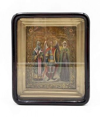 (П) Икона Архангел Михаил, Св. Николай и Божья Матерь. Доска, темпера. Киот - 29 х 25 см Доска ...