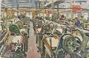 (П) Пушнин Александр Тихонович (1921 - 1991) - Цех ткацкой фабрики 1960 г. Картон, масло 40,5 х ...